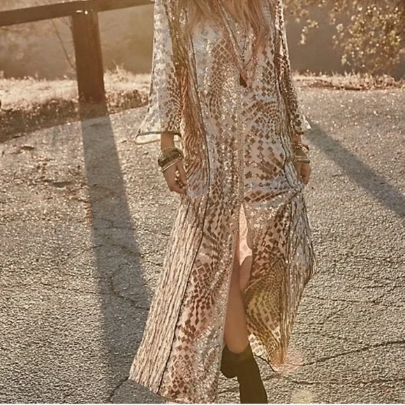 Free People | Dresses | Free People Anna Sui Silver Maxikaftan Dress |  Poshmark